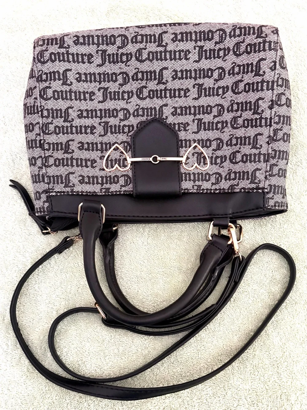 Juicy Couture Black and Beige Logo Shoulder Bag with Gold Heart Detail